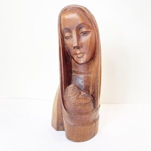 9.75” Vintage Mid Century Hand Carve Madonna Mary Baby Jesus Child Abstract Wood